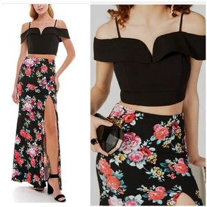 NWT 2-Piece Maxi Dress Black Floral Stretch B Darlin Size 9 10 Or Large